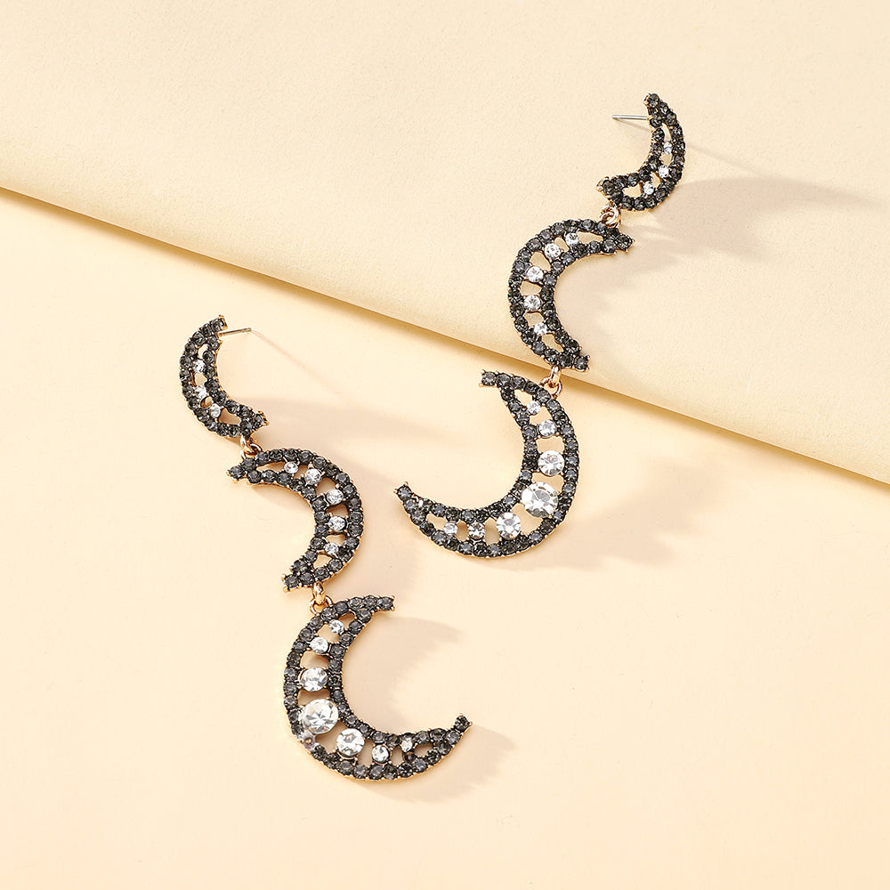 Black Rhinestone Crescent Moon Earrings