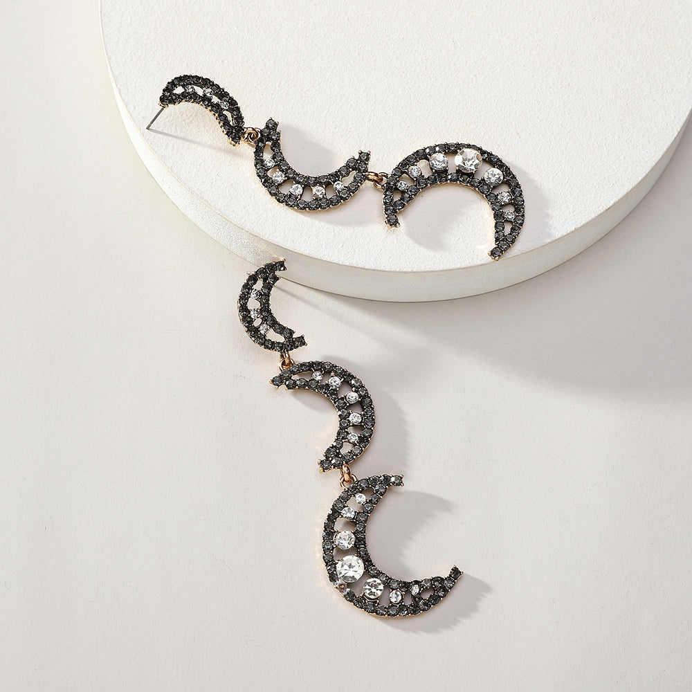 Black Rhinestone Crescent Moon Earrings