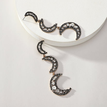 Black Rhinestone Crescent Moon Earrings