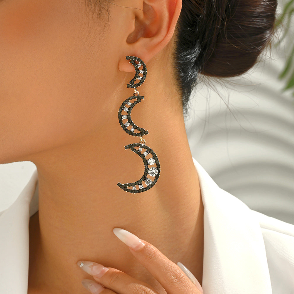 Black Rhinestone Crescent Moon Earrings