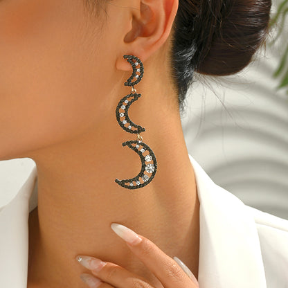 Black Rhinestone Crescent Moon Earrings