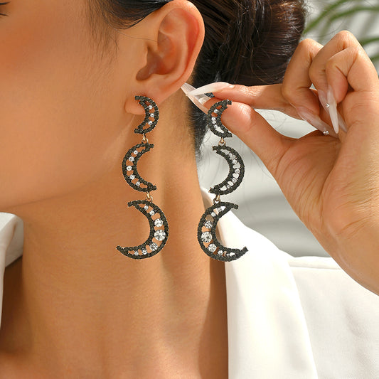 Black Rhinestone Crescent Moon Earrings