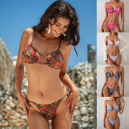 Lace-Up Printed Bikini Set