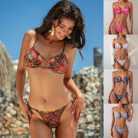 Lace-Up Printed Bikini Set